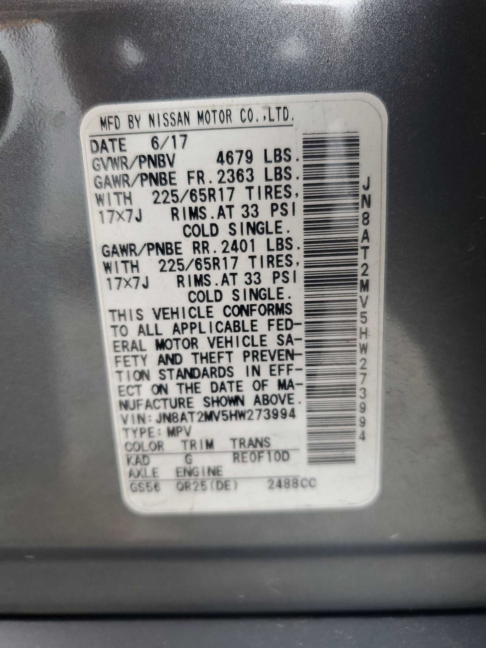 JN8AT2MV5HW273994 2017 Nissan Rogue S