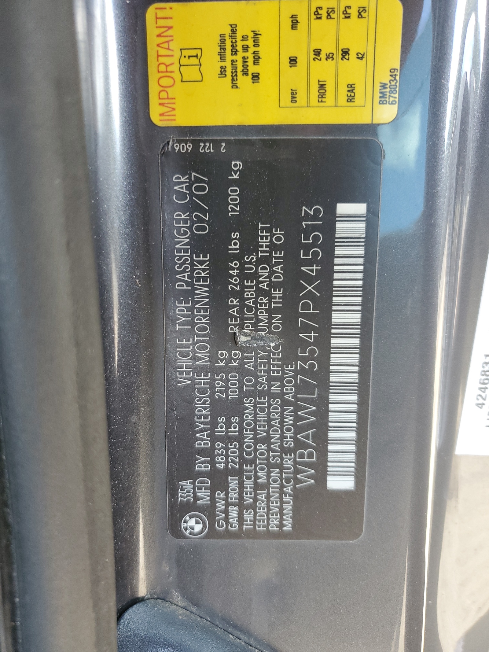 WBAWL73547PX45513 2007 BMW 335 I