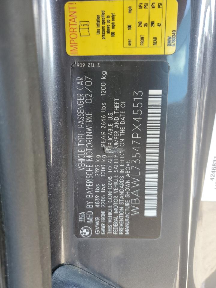 2007 BMW 335 I VIN: WBAWL73547PX45513 Lot: 60290664