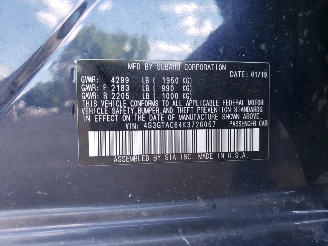 2019 Subaru Impreza Premium VIN: 4S3GTAC64K3726067 Lot: 61077154