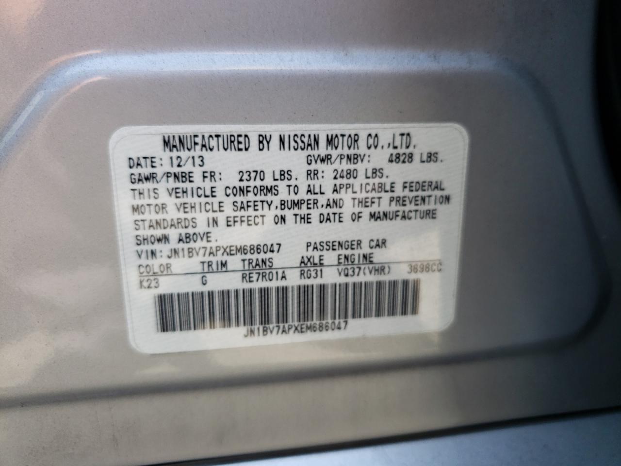 2014 Infiniti Q50 Base VIN: JN1BV7APXEM686047 Lot: 64985964