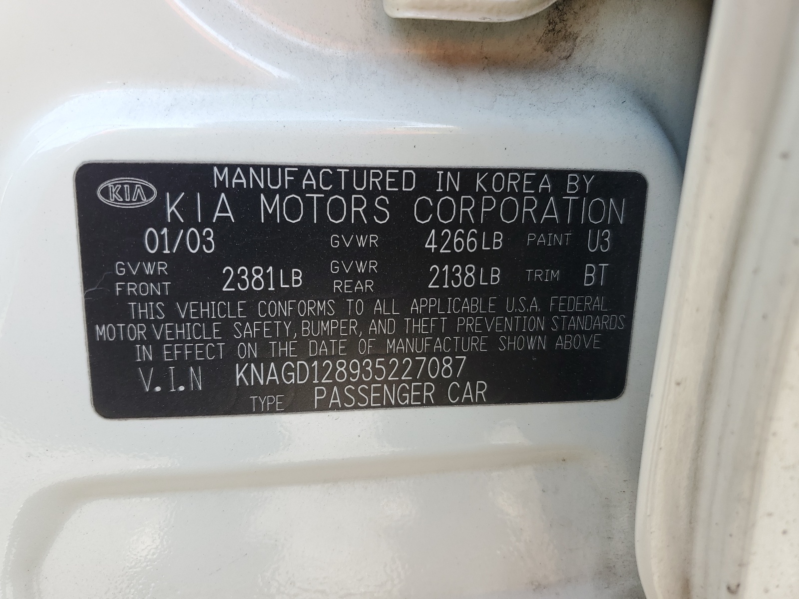 KNAGD128935227087 2003 Kia Optima Lx