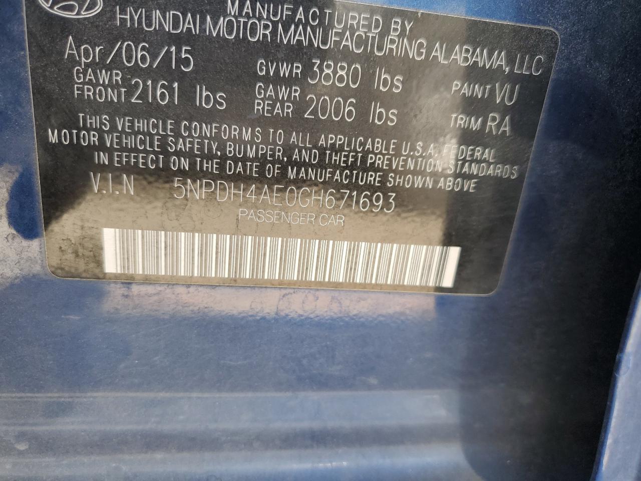 2016 Hyundai Elantra Se VIN: 5NPDH4AE0GH671693 Lot: 64118914