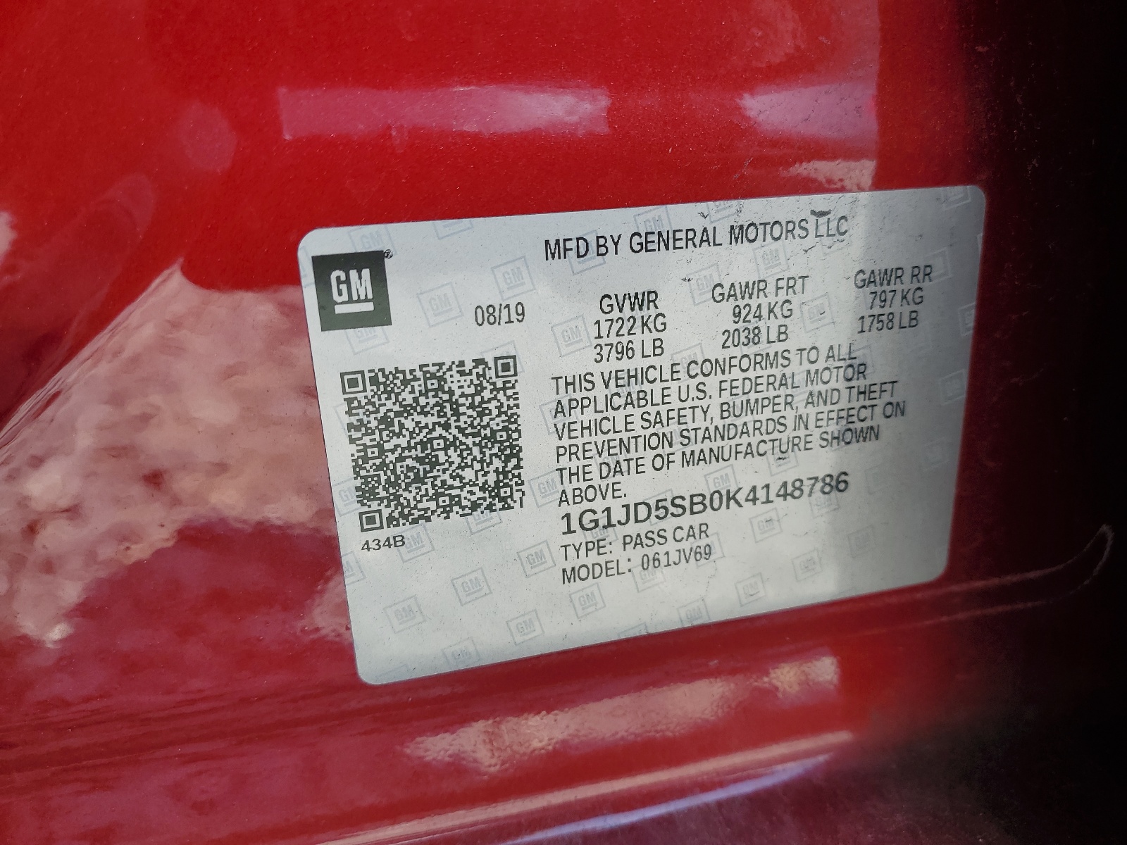 1G1JD5SB0K4148786 2019 Chevrolet Sonic Lt