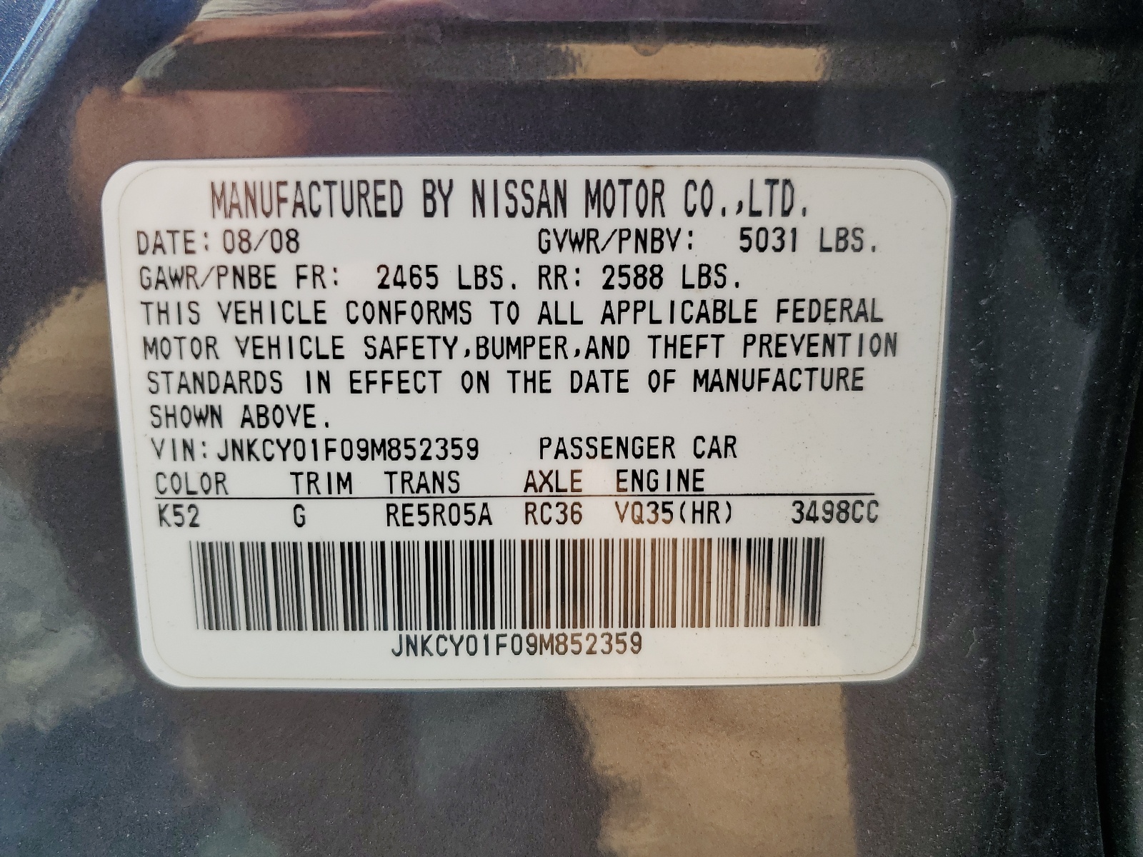 JNKCY01F09M852359 2009 Infiniti M35 Base