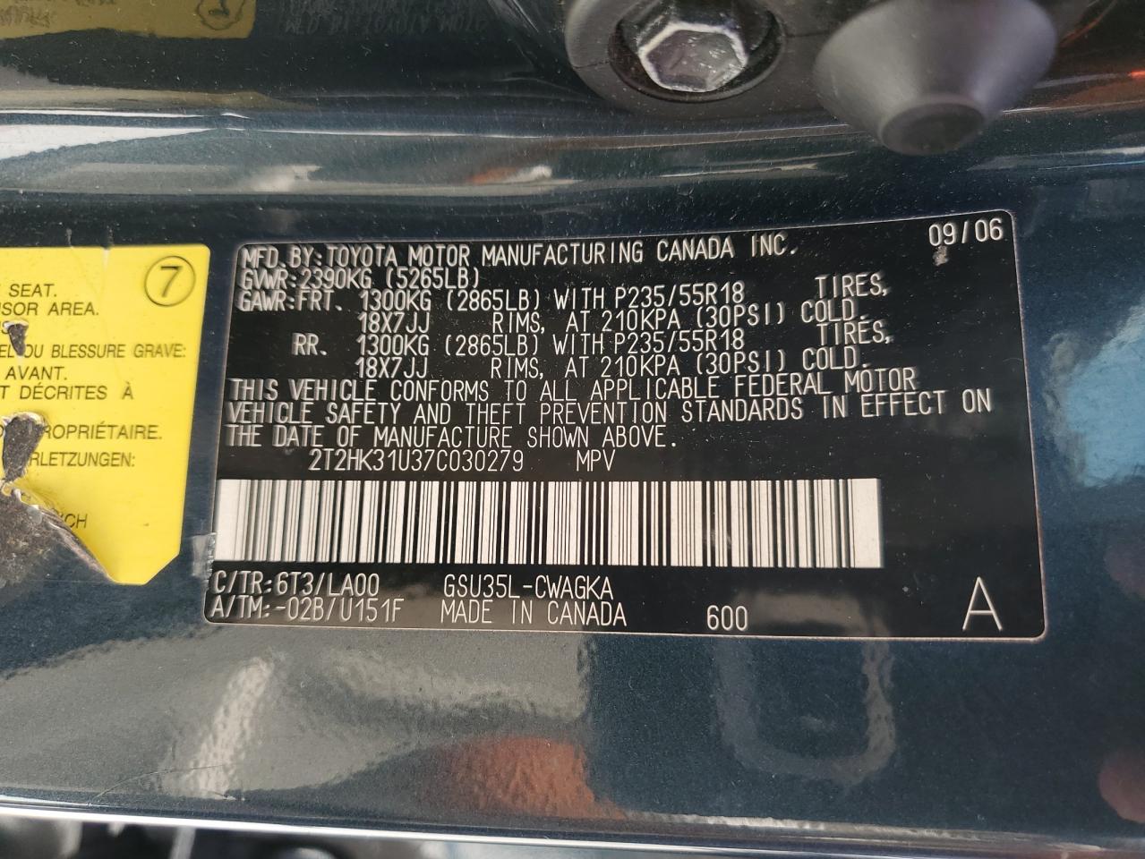 2007 Lexus Rx 350 VIN: 2T2HK31U37C030279 Lot: 65711404