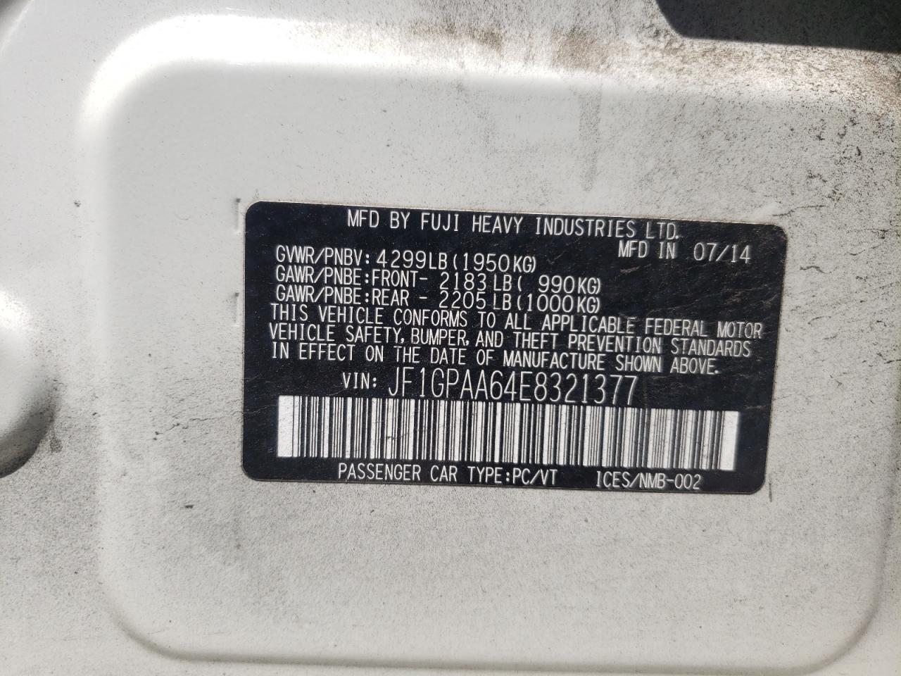 2014 Subaru Impreza VIN: JF1GPAA64E8321377 Lot: 60881904