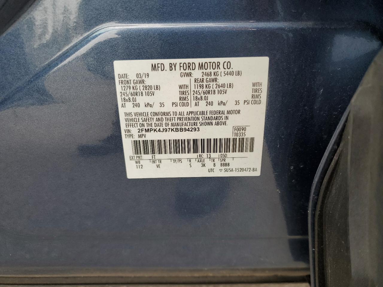 2019 Ford Edge Sel VIN: 2FMPK4J97KBB94293 Lot: 64405264