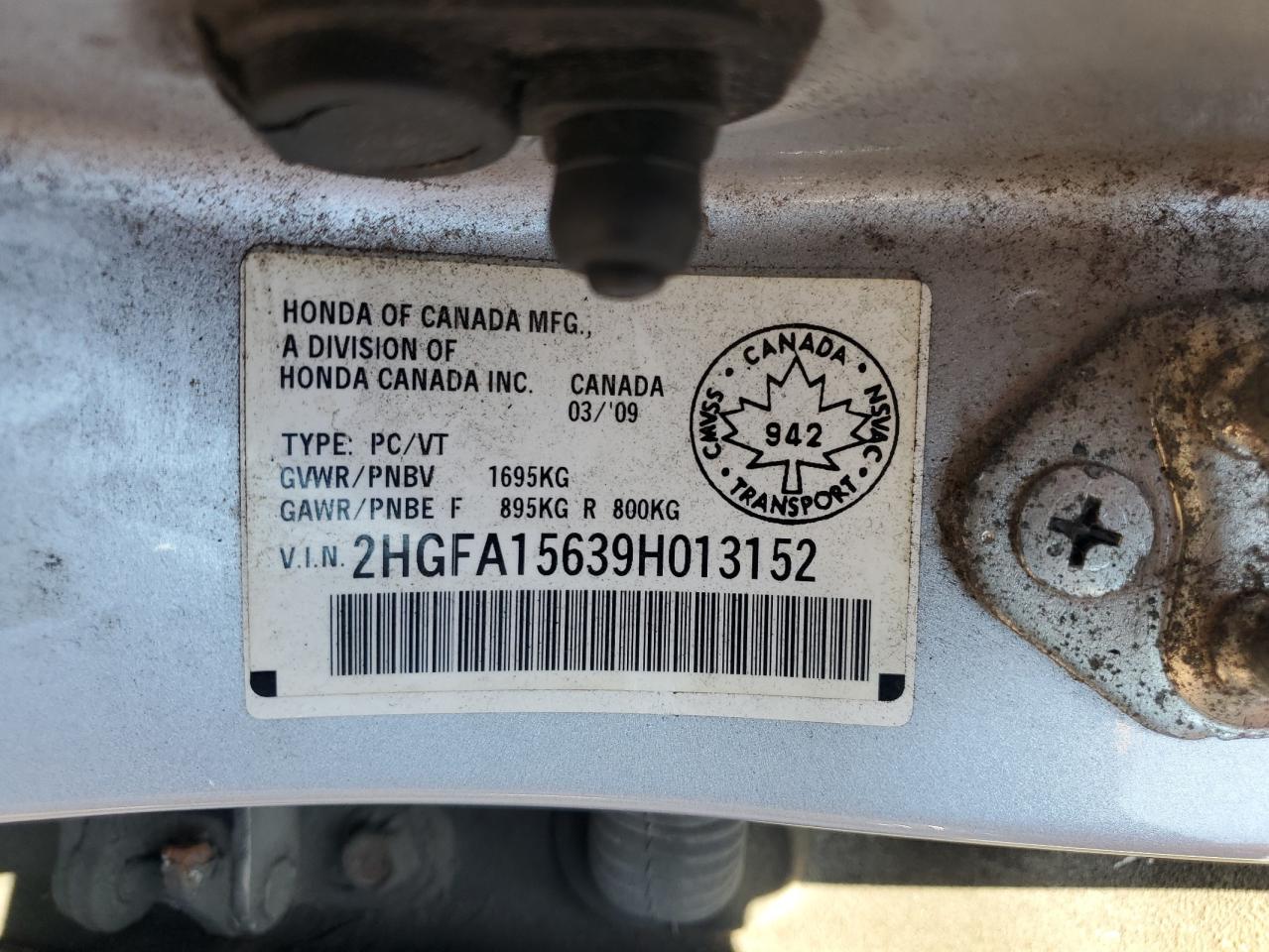 2009 Honda Civic Lx-S VIN: 2HGFA15639H013152 Lot: 64410234