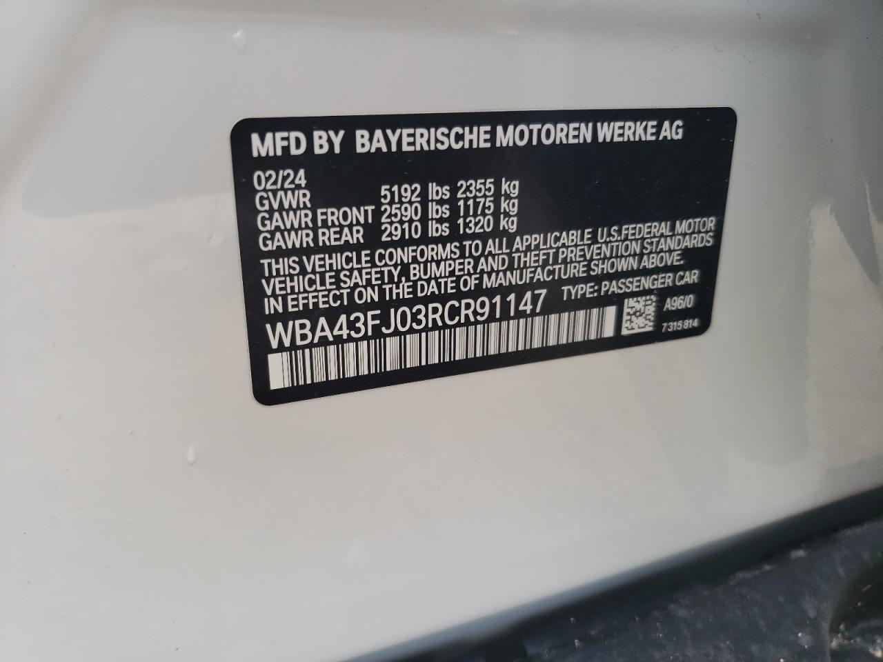 2024 BMW 530 I VIN: WBA43FJ03RCR91147 Lot: 61890014