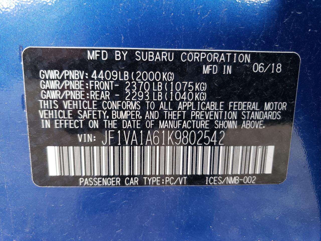 JF1VA1A61K9802542 2019 Subaru Wrx