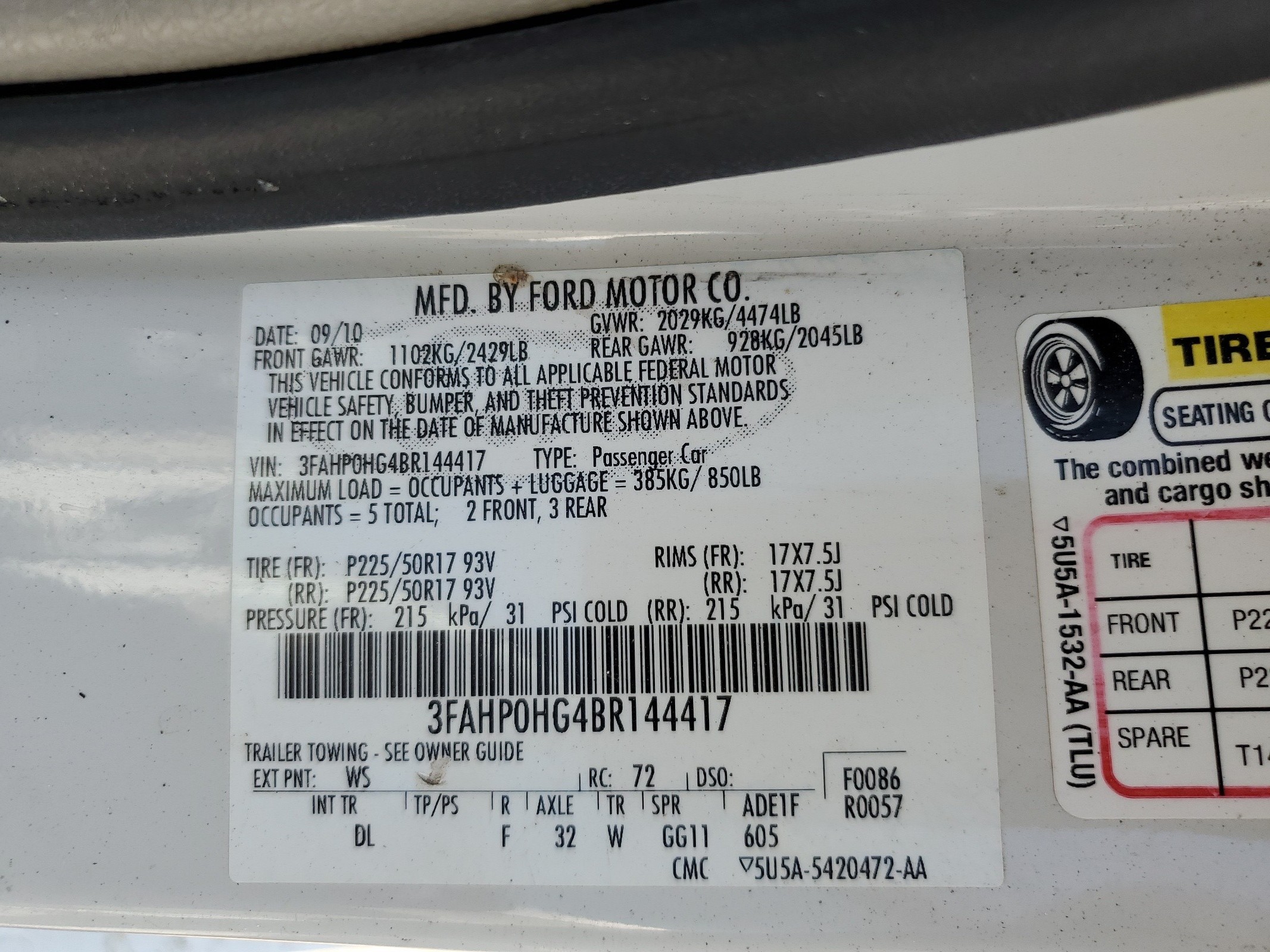 3FAHP0HG4BR144417 2011 Ford Fusion Se