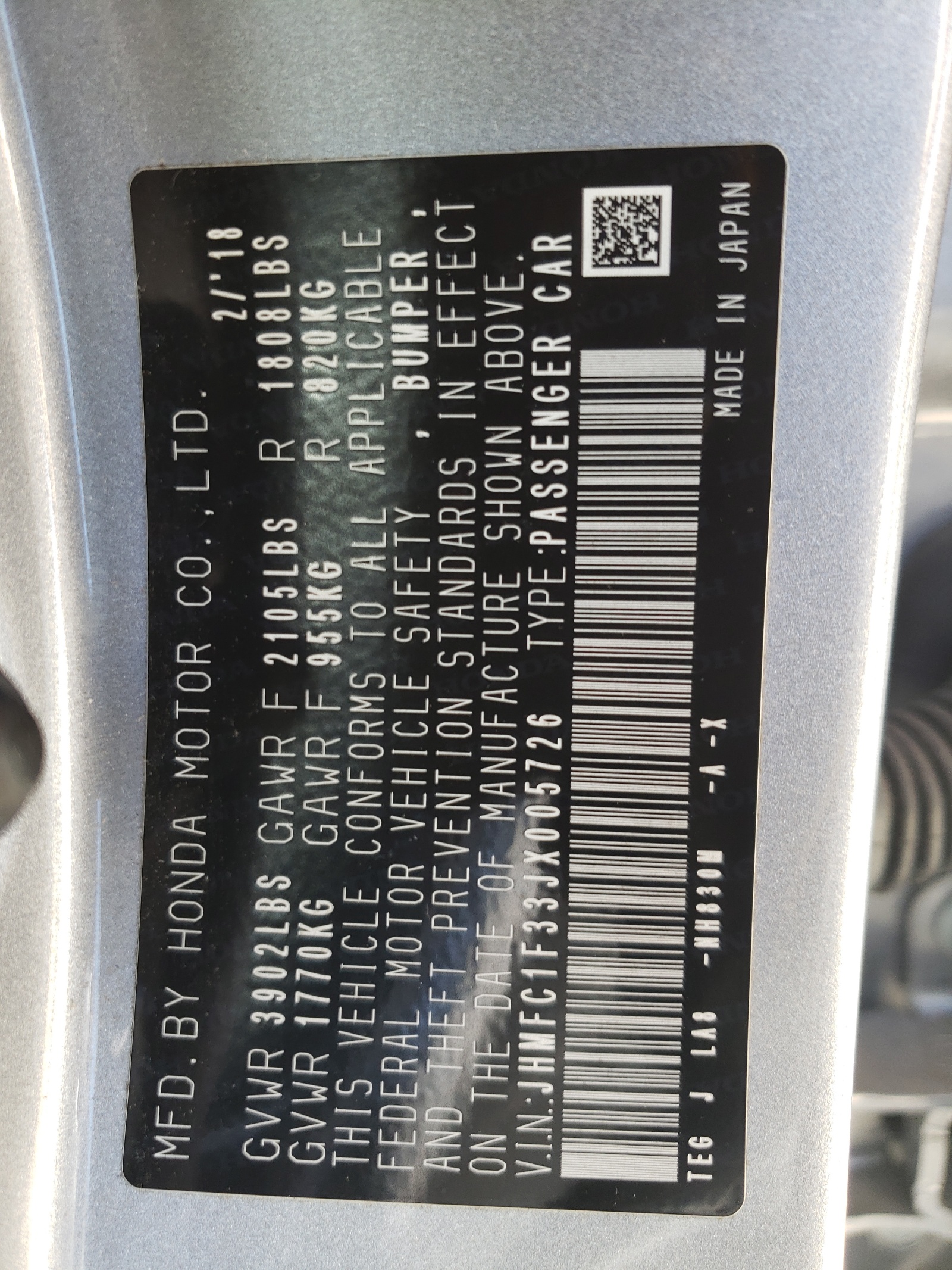 JHMFC1F33JX005726 2018 Honda Civic Ex