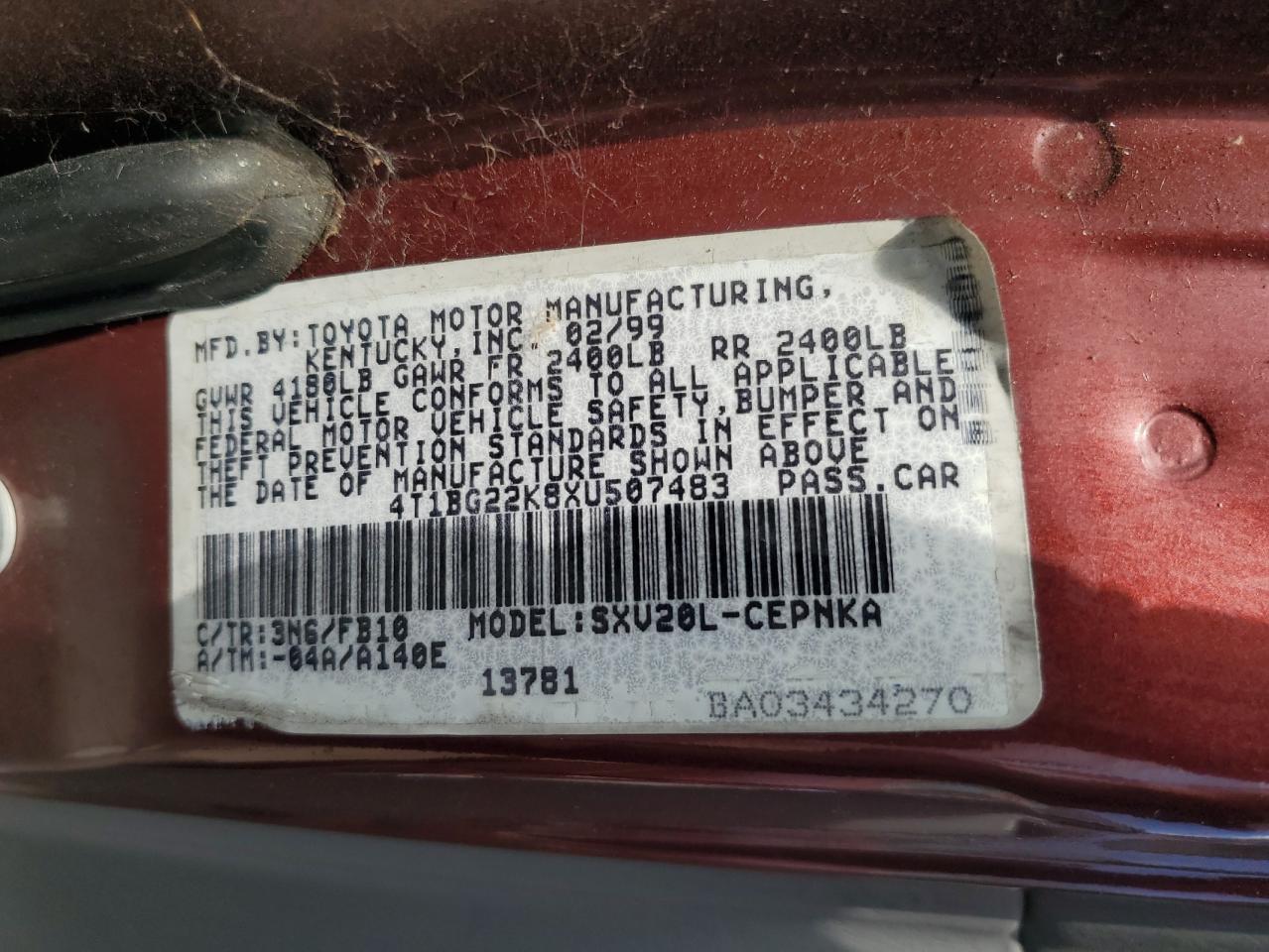 1999 Toyota Camry Ce VIN: 4T1BG22K8XU507483 Lot: 63338714