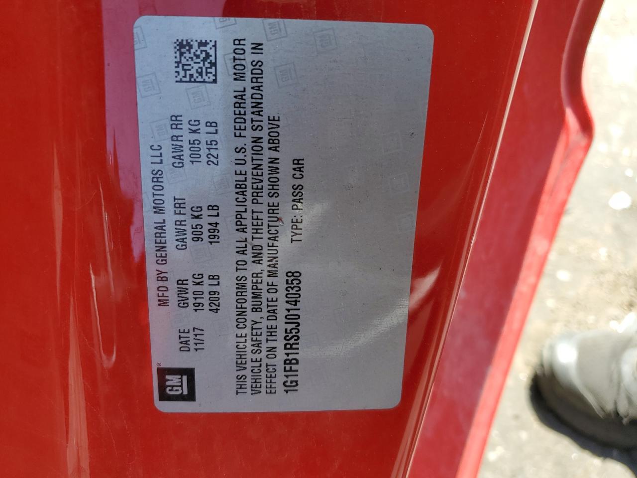 2018 Chevrolet Camaro Lt VIN: 1G1FB1RS5J0140358 Lot: 63259664