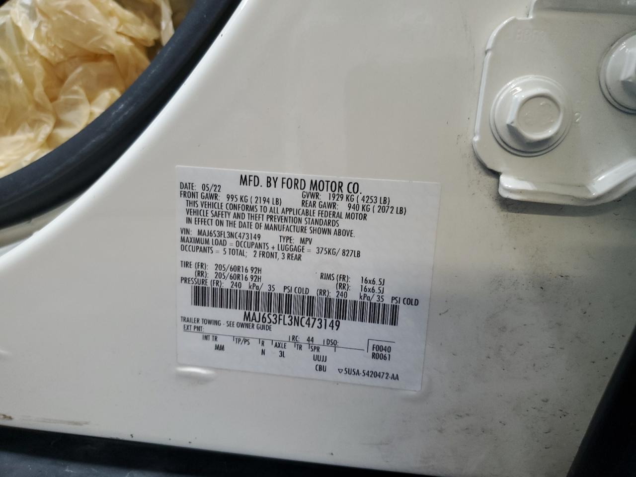 2022 Ford Ecosport S VIN: MAJ6S3FL3NC473149 Lot: 63425384