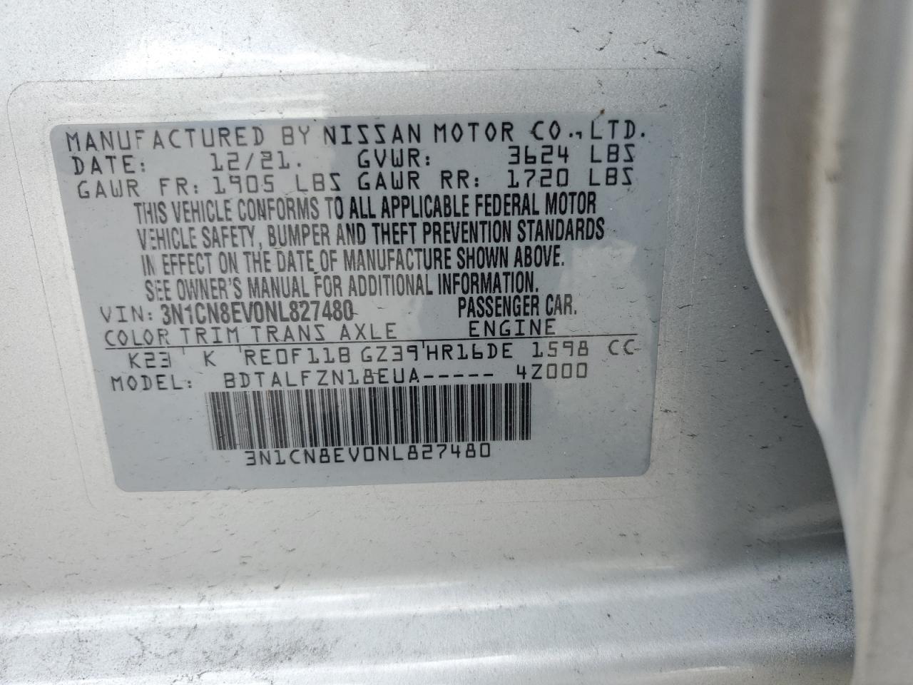 3N1CN8EV0NL827480 2022 Nissan Versa Sv