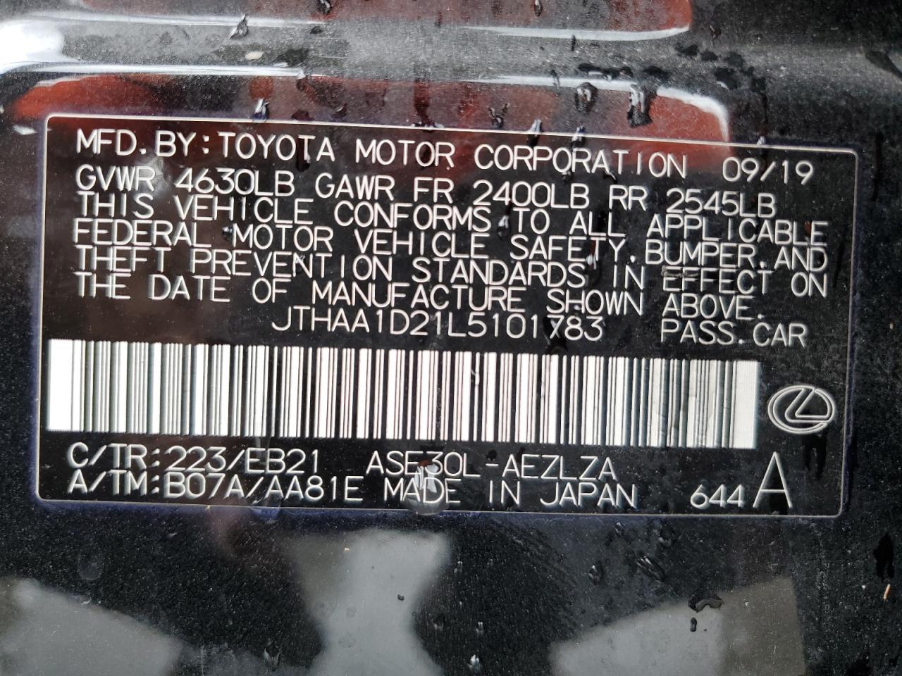 2020 Lexus Is 300 VIN: JTHAA1D21L5101783 Lot: 61540084