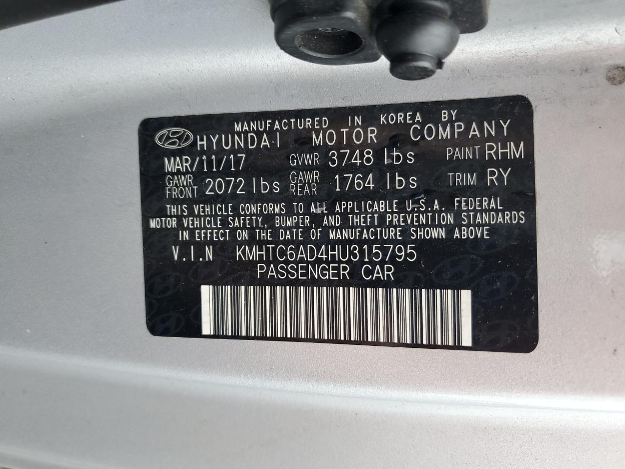 2017 Hyundai Veloster VIN: KMHTC6AD4HU315795 Lot: 64235734