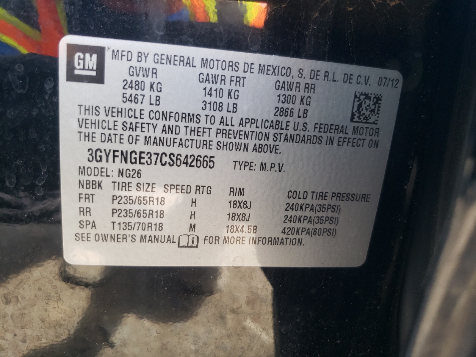 3GYFNGE37CS642665 2012 Cadillac Srx