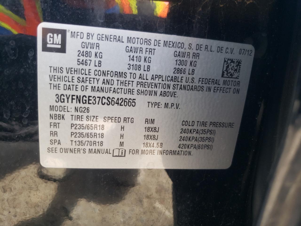 2012 Cadillac Srx VIN: 3GYFNGE37CS642665 Lot: 64816024