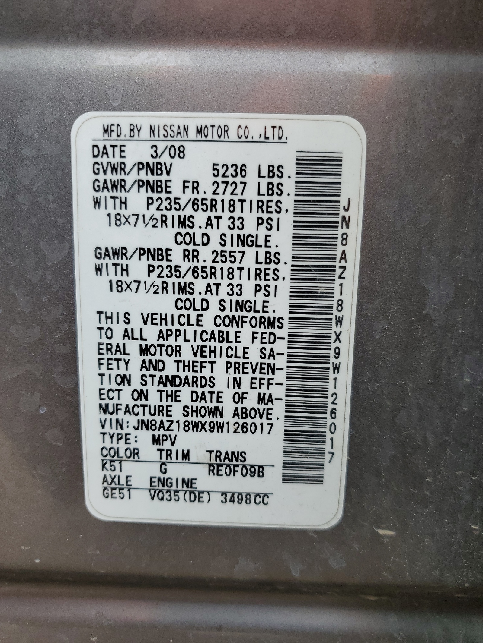 JN8AZ18WX9W126017 2009 Nissan Murano S