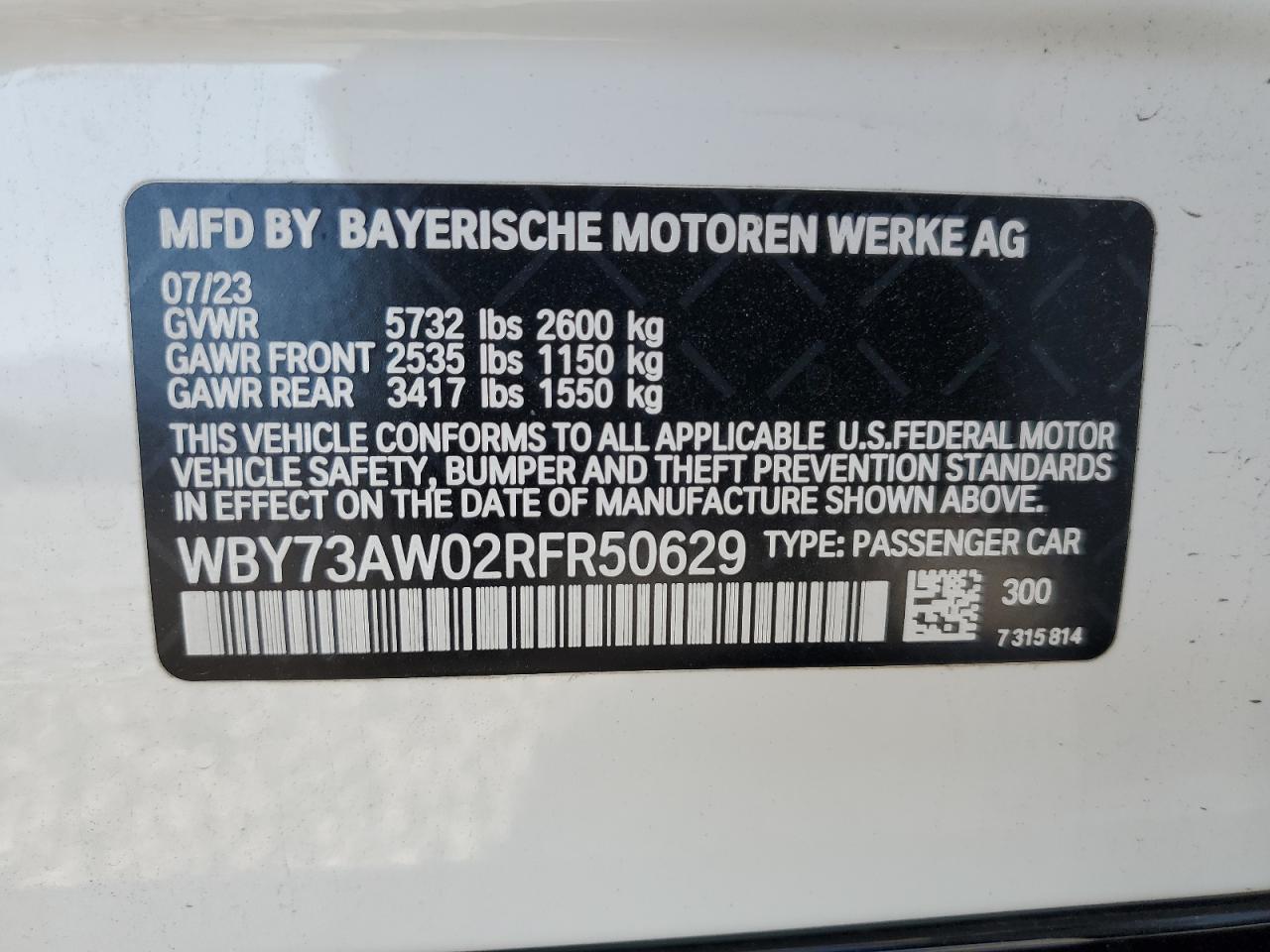 2024 BMW I4 Edrive 40 VIN: WBY73AW02RFR50629 Lot: 62550664