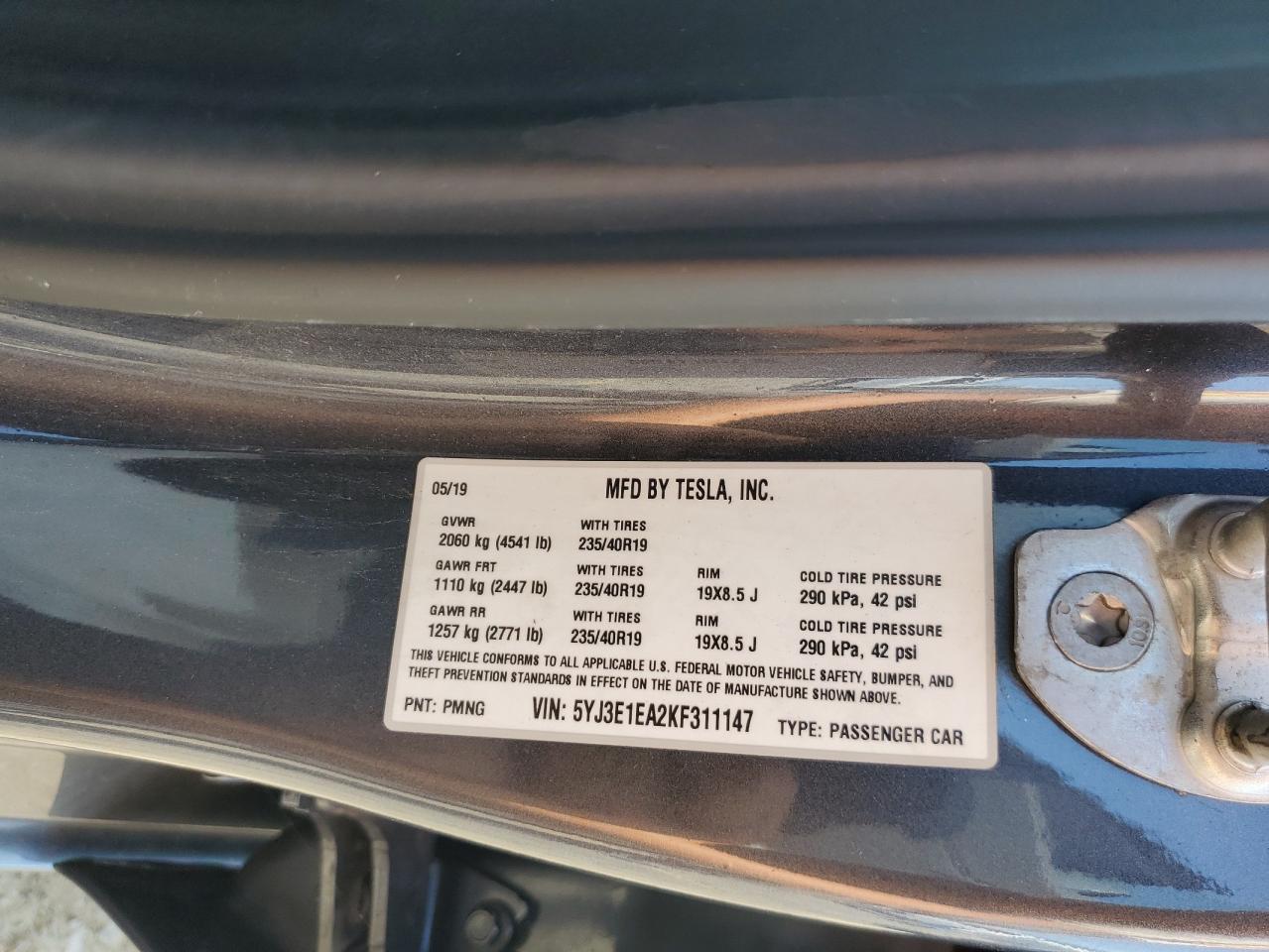 2019 Tesla Model 3 VIN: 5YJ3E1EA2KF311147 Lot: 63443604