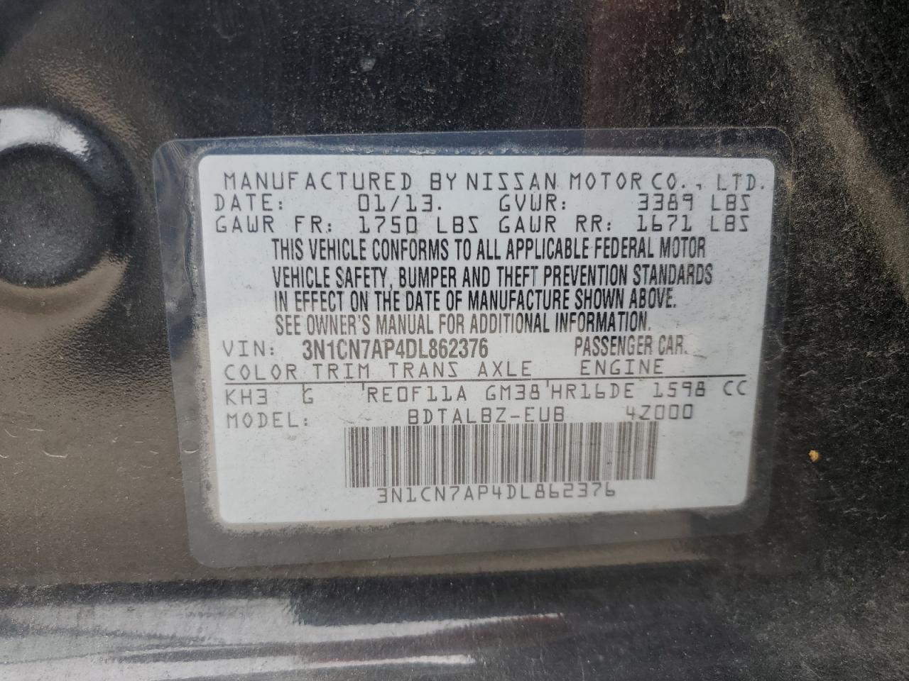 3N1CN7AP4DL862376 2013 Nissan Versa S