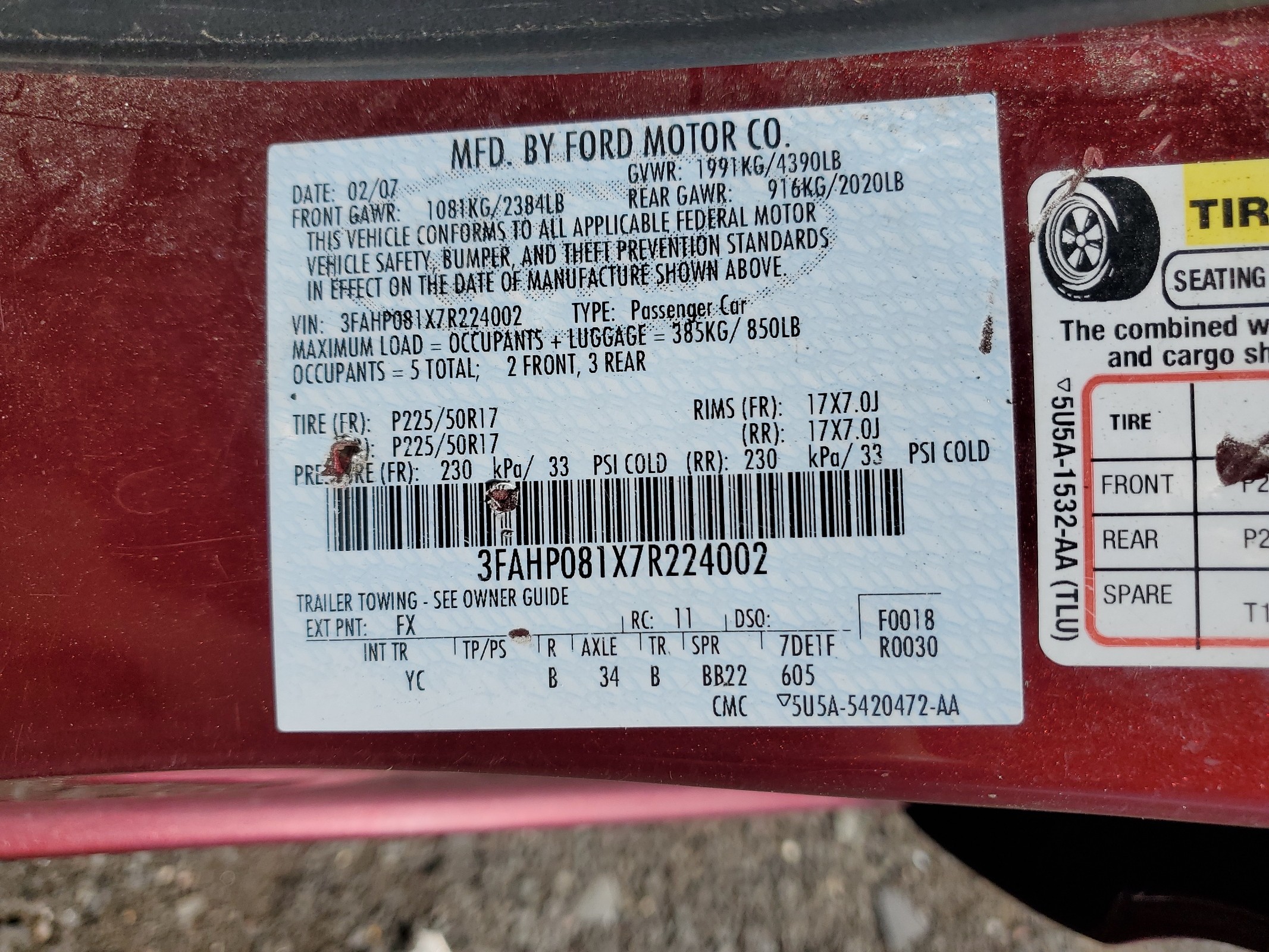 3FAHP081X7R224002 2007 Ford Fusion Sel