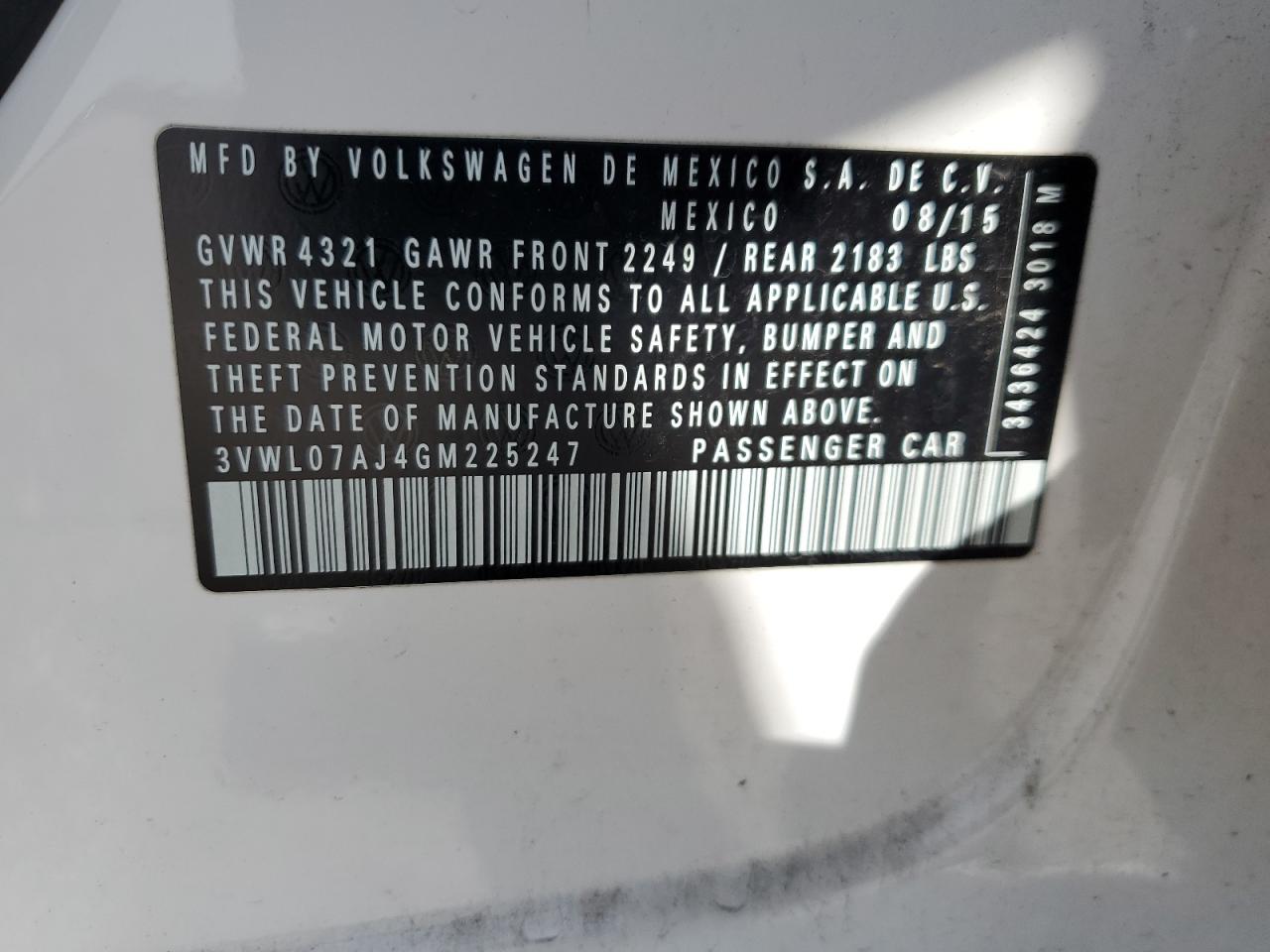 2016 Volkswagen Jetta Sel VIN: 3VWL07AJ4GM225247 Lot: 61741904