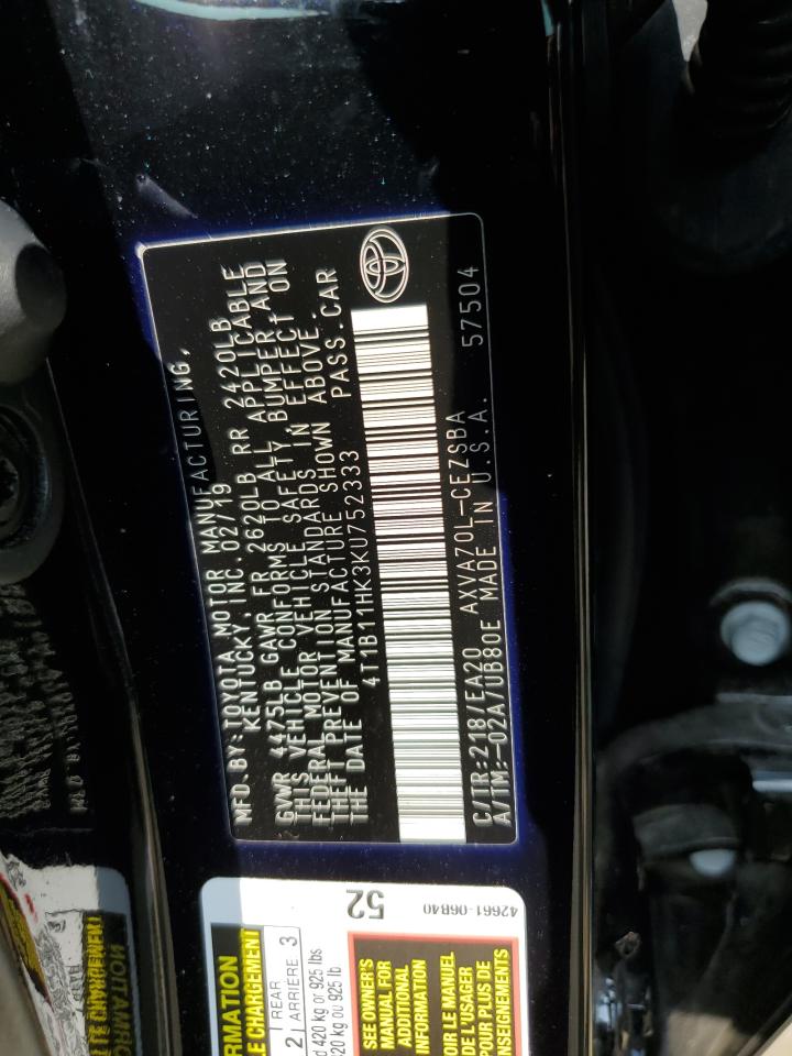 4T1B11HK3KU752333 2019 Toyota Camry L