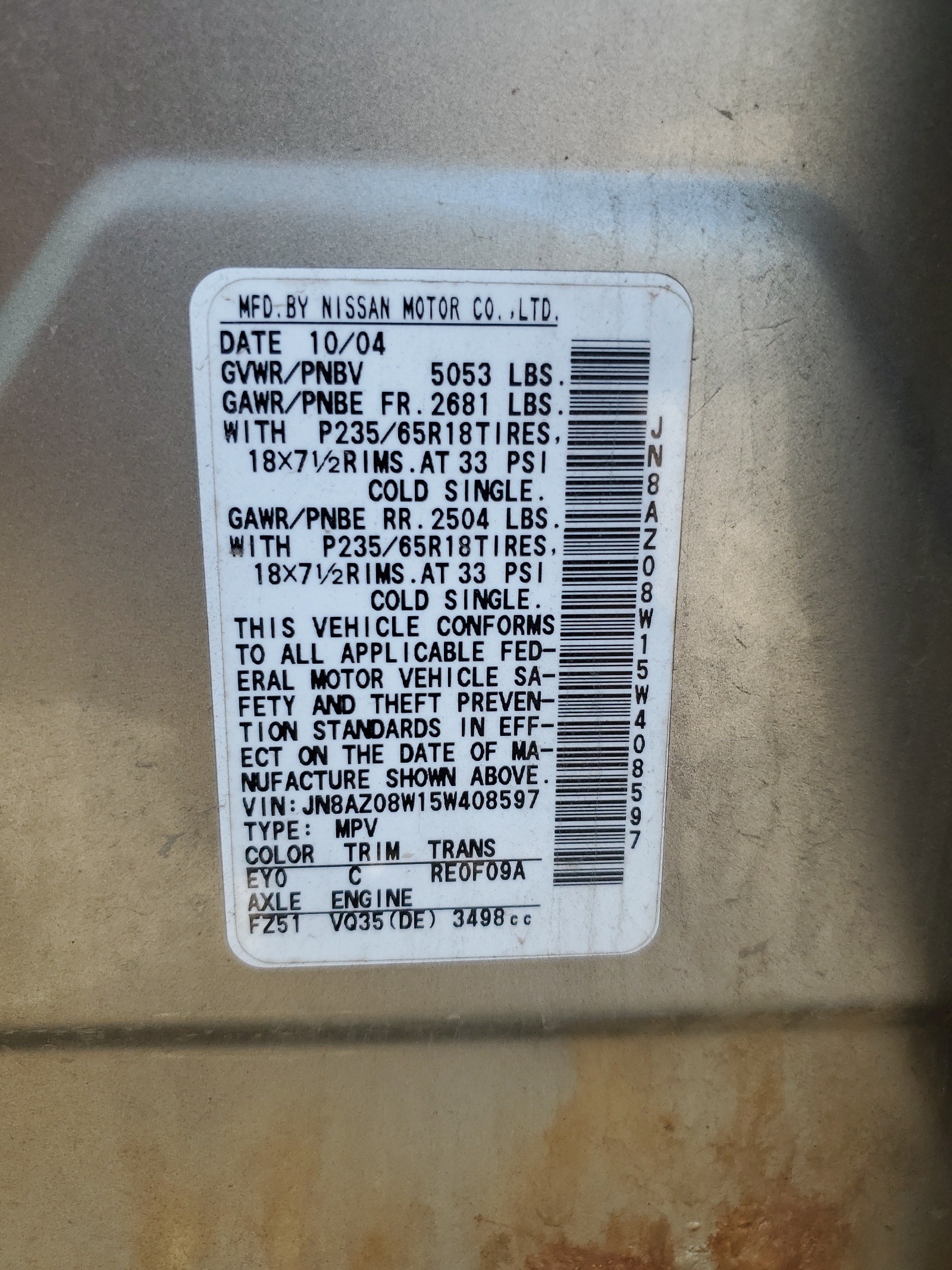 JN8AZ08W15W408597 2005 Nissan Murano Sl