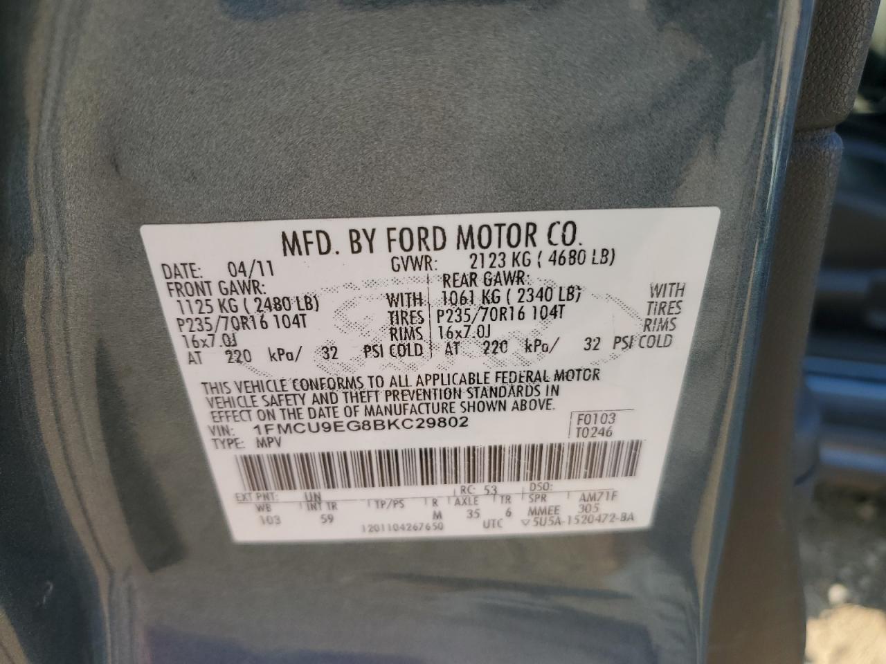 2011 Ford Escape Limited VIN: 1FMCU9EG8BKC29802 Lot: 63043894