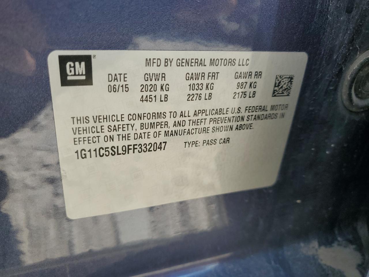 1G11C5SL9FF332047 2015 Chevrolet Malibu 1Lt