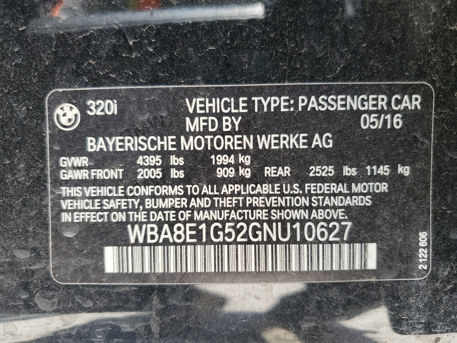 WBA8E1G52GNU10627 2016 BMW 320 I