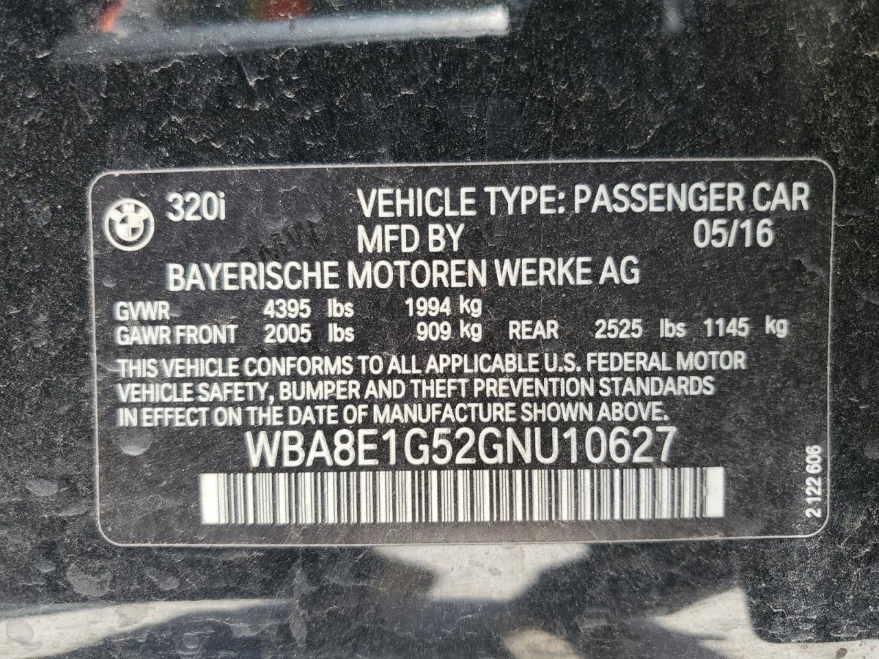 2016 BMW 320 I VIN: WBA8E1G52GNU10627 Lot: 61641524