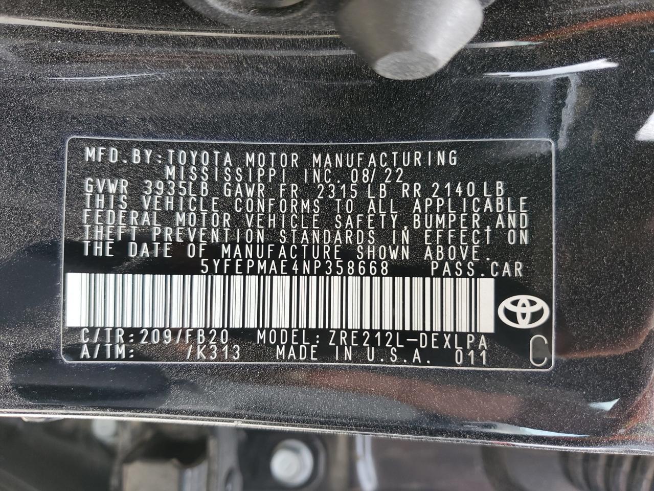 5YFEPMAE4NP358668 2022 TOYOTA COROLLA - Image 12