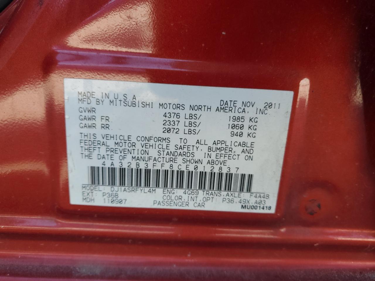 2012 Mitsubishi Galant Es VIN: 4A32B3FF8CE012837 Lot: 61444484