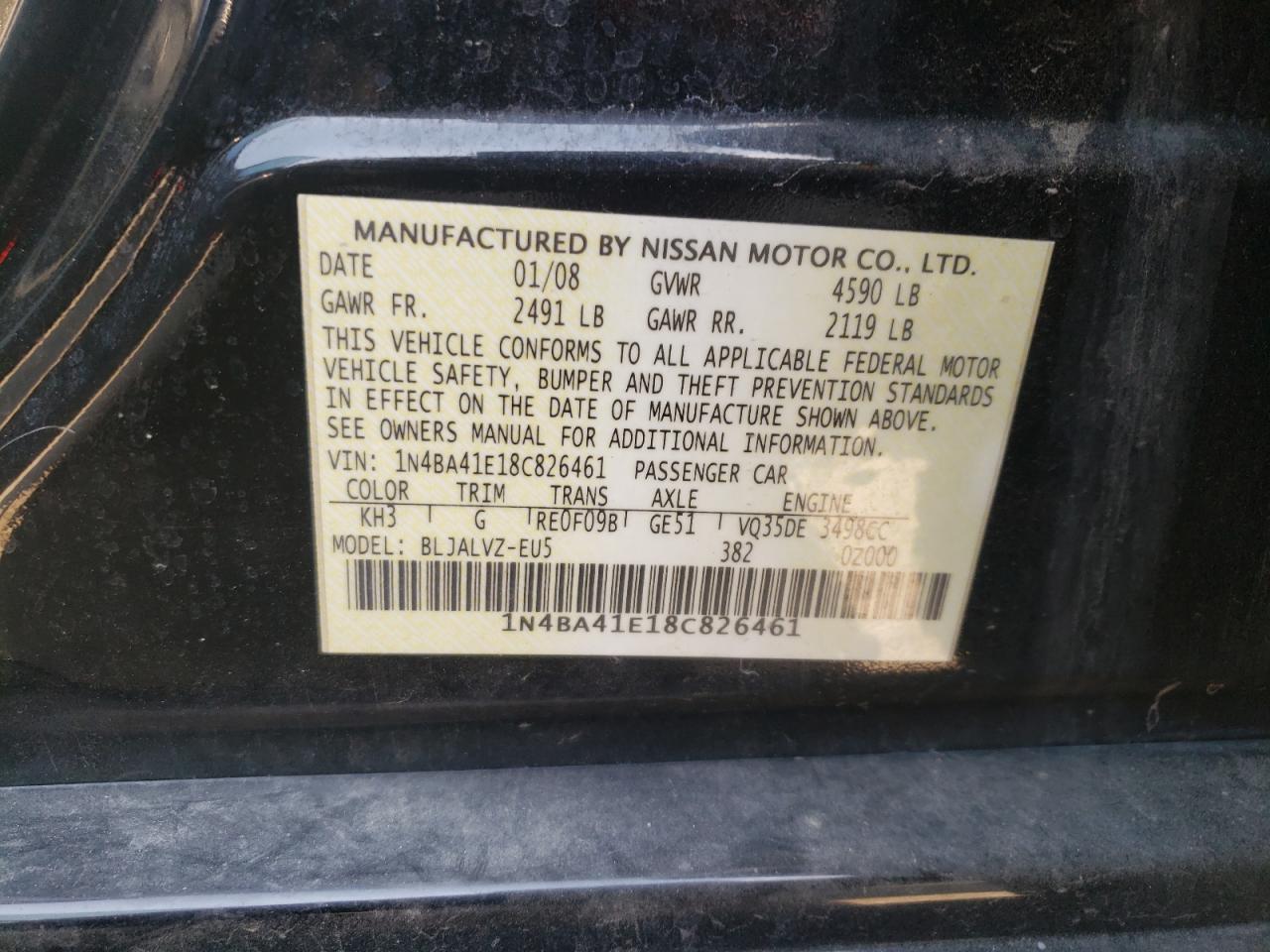 2008 Nissan Maxima Se VIN: 1N4BA41E18C826461 Lot: 61848124