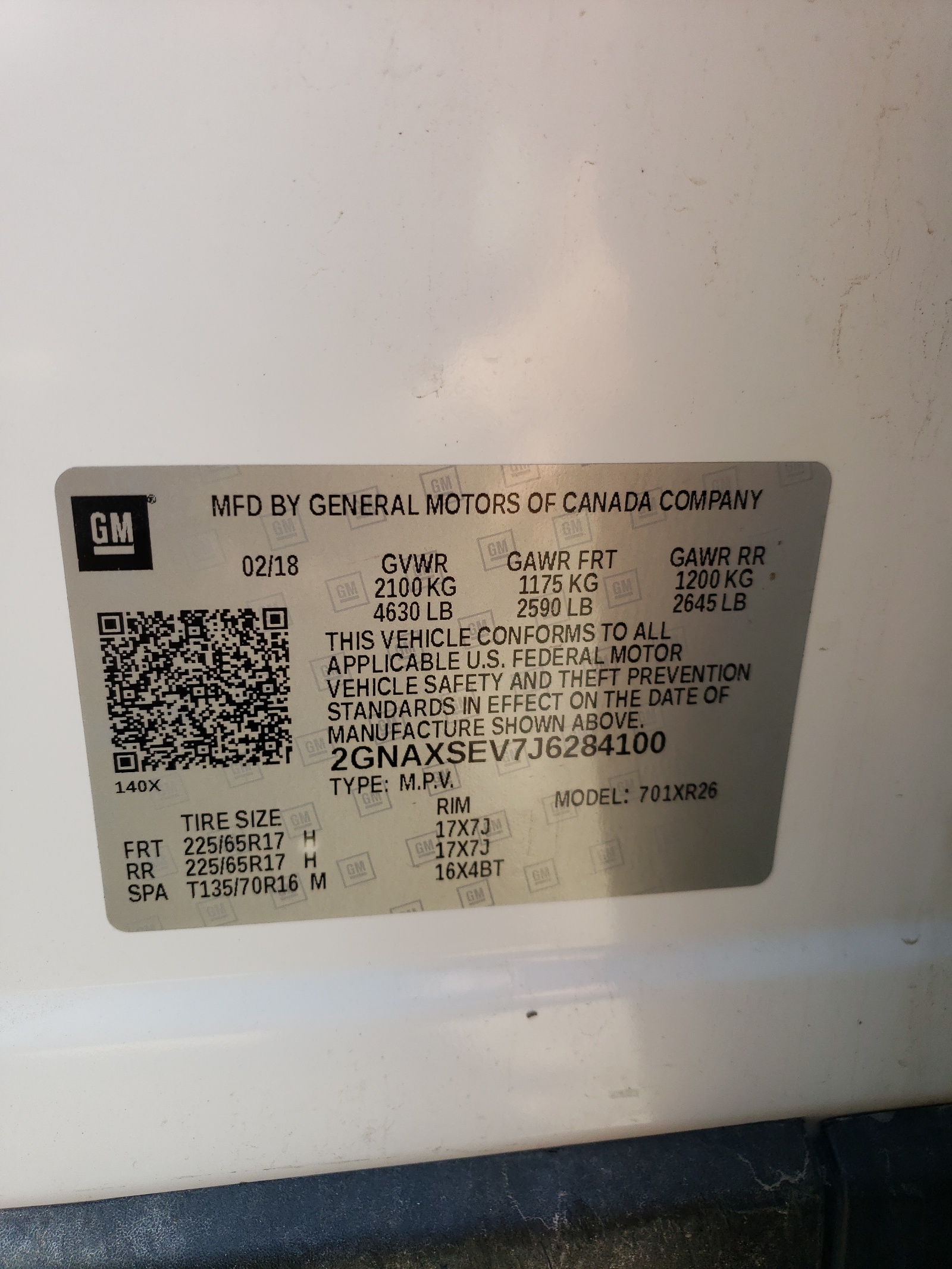 2GNAXSEV7J6284100 2018 Chevrolet Equinox Lt