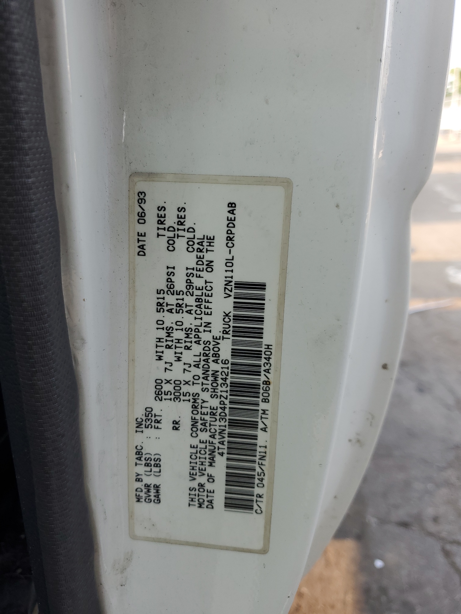 4TAVN13D4PZ134216 1993 Toyota Pickup 1/2 Ton Extra Long Wheelbase Dx