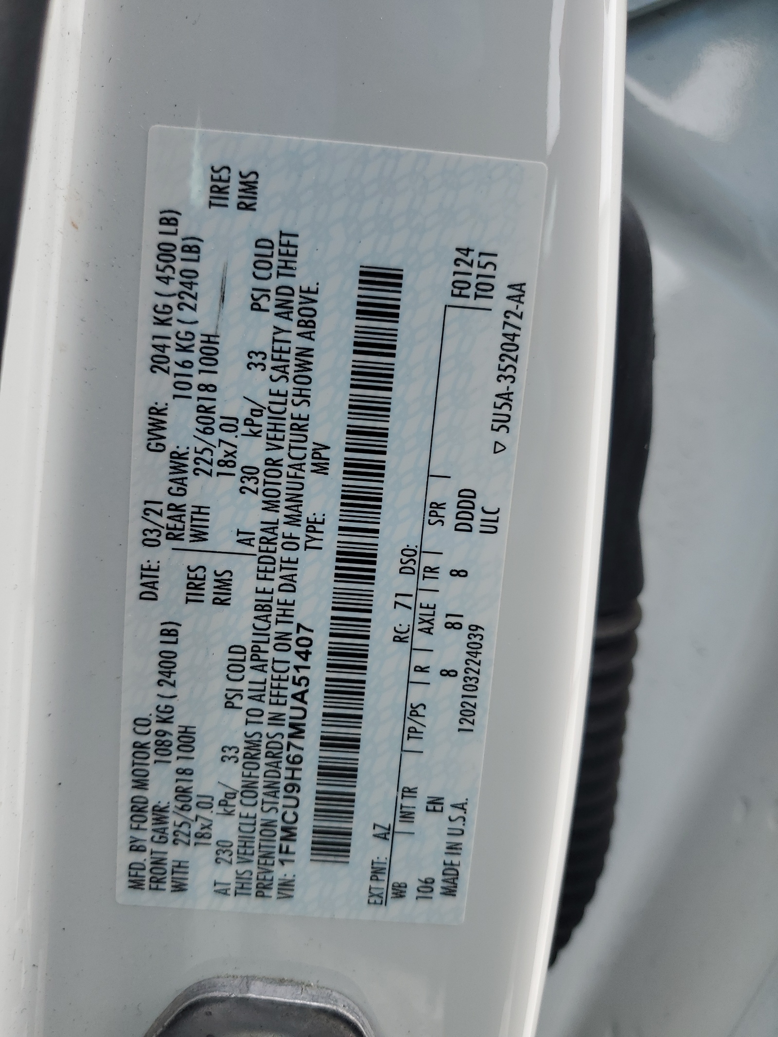 1FMCU9H67MUA51407 2021 Ford Escape Sel