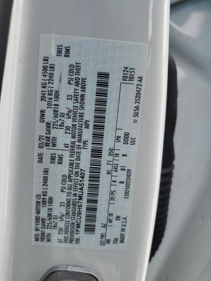 2021 Ford Escape Sel VIN: 1FMCU9H67MUA51407 Lot: 63885664