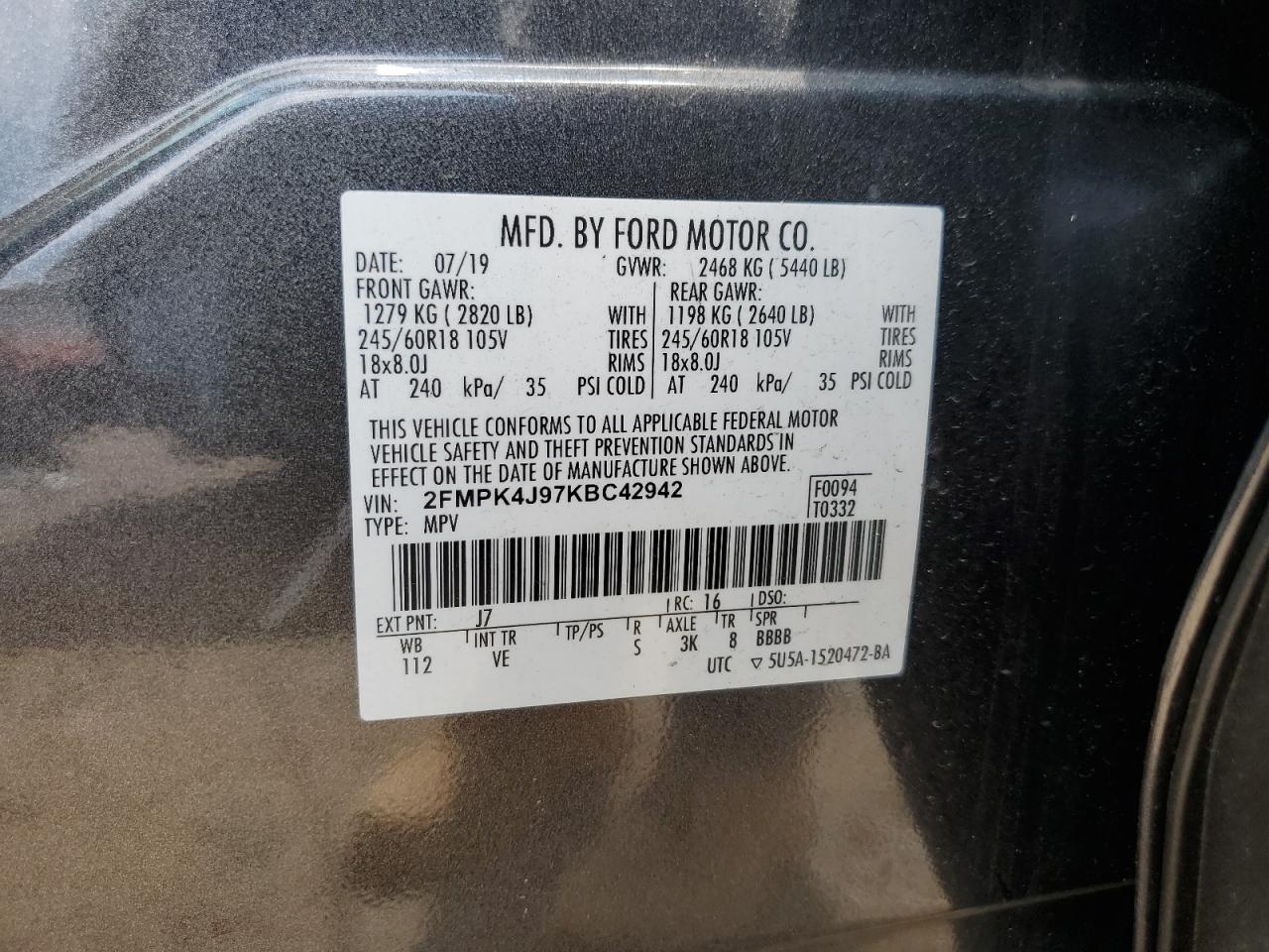 2019 Ford Edge Sel VIN: 2FMPK4J97KBC42942 Lot: 64710234