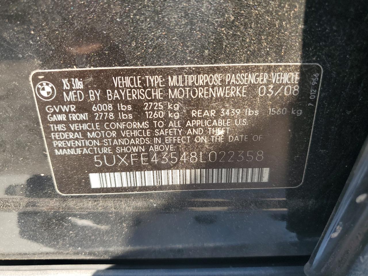 2008 BMW X5 3.0I VIN: 5UXFE43548L022358 Lot: 63285094