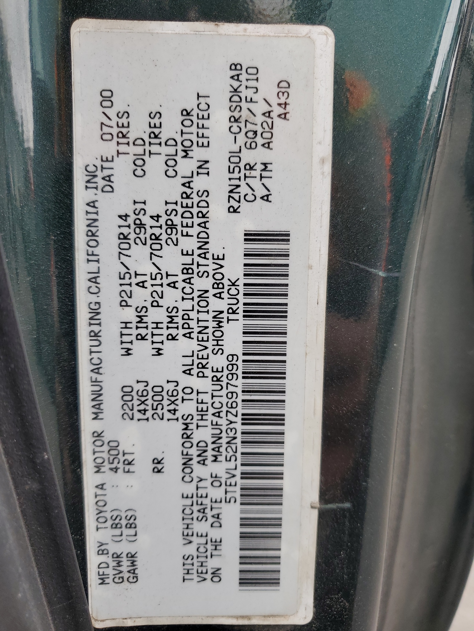 5TEVL52N3YZ697999 2000 Toyota Tacoma Xtracab