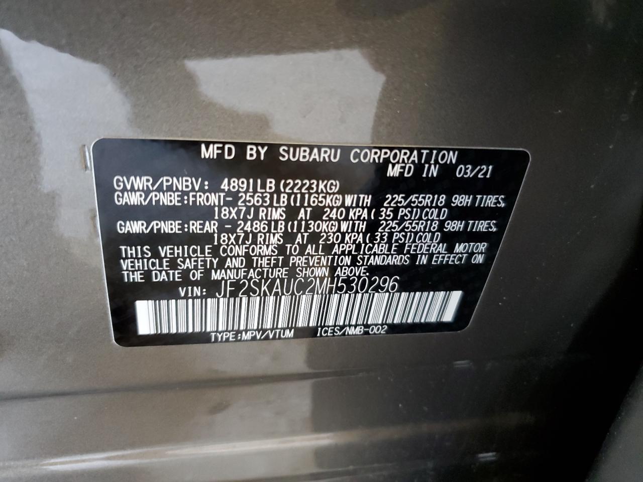 2021 Subaru Forester Limited VIN: JF2SKAUC2MH530296 Lot: 63427164