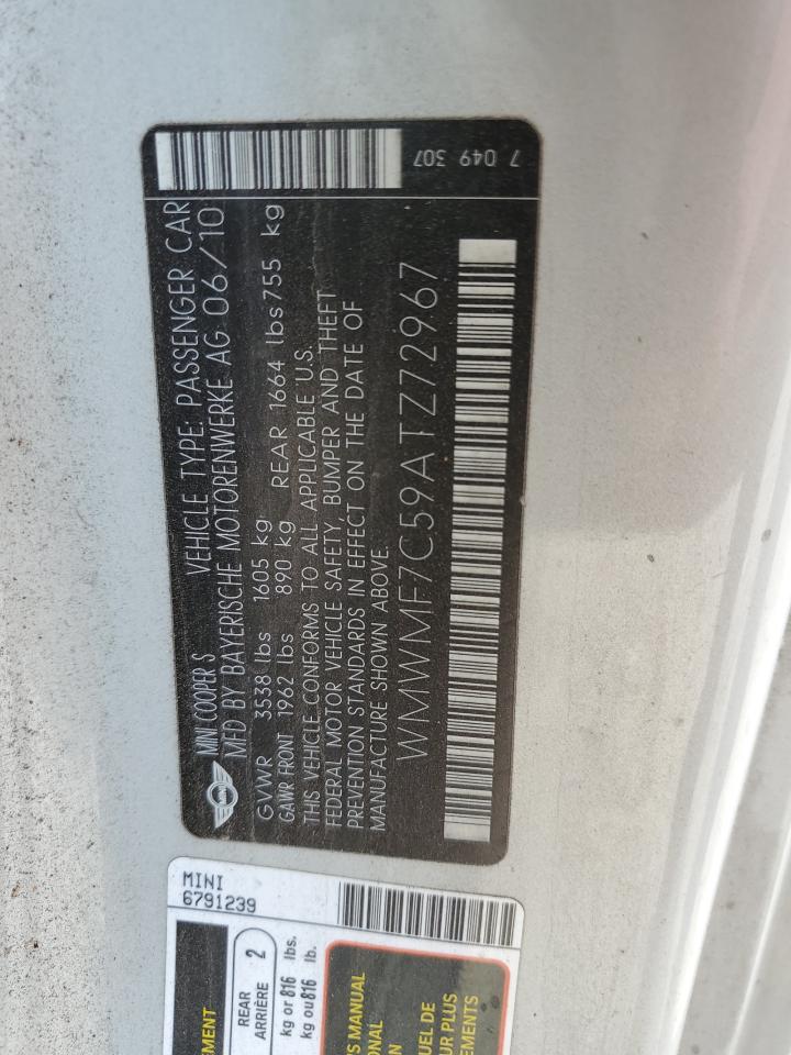 2010 Mini Cooper S VIN: WMWMF7C59ATZ72967 Lot: 64703744