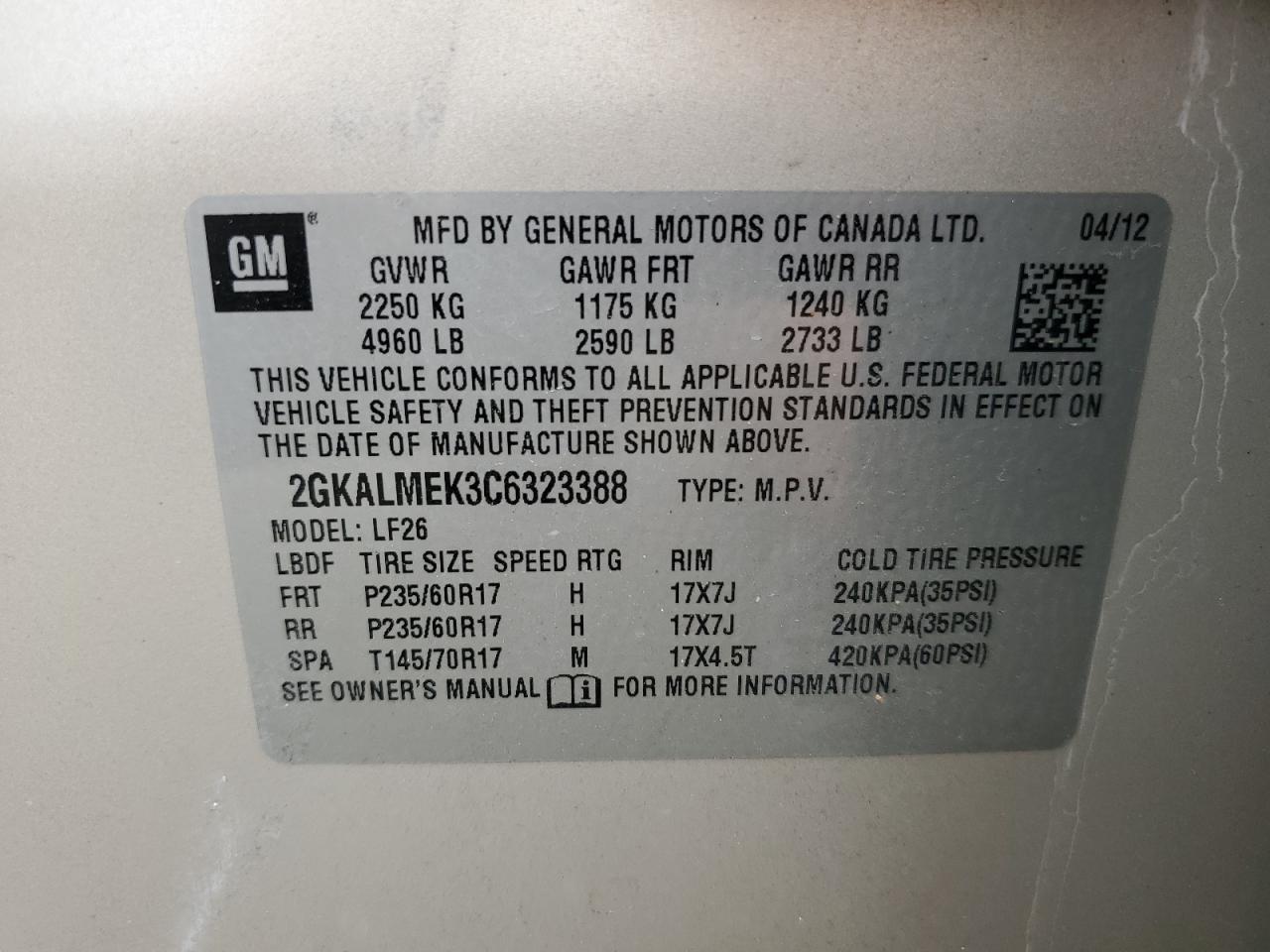 2012 GMC Terrain Sle VIN: 2GKALMEK3C6323388 Lot: 64688004